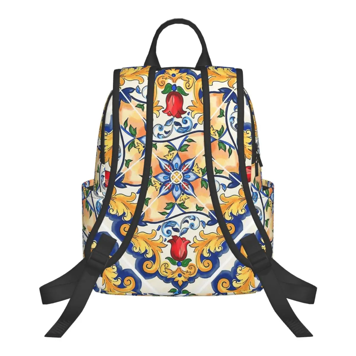 Sicilian Majolica Colourful Floral Flourishes Tile Pattern Student Backpack School Bag Hiking Travel Daypack