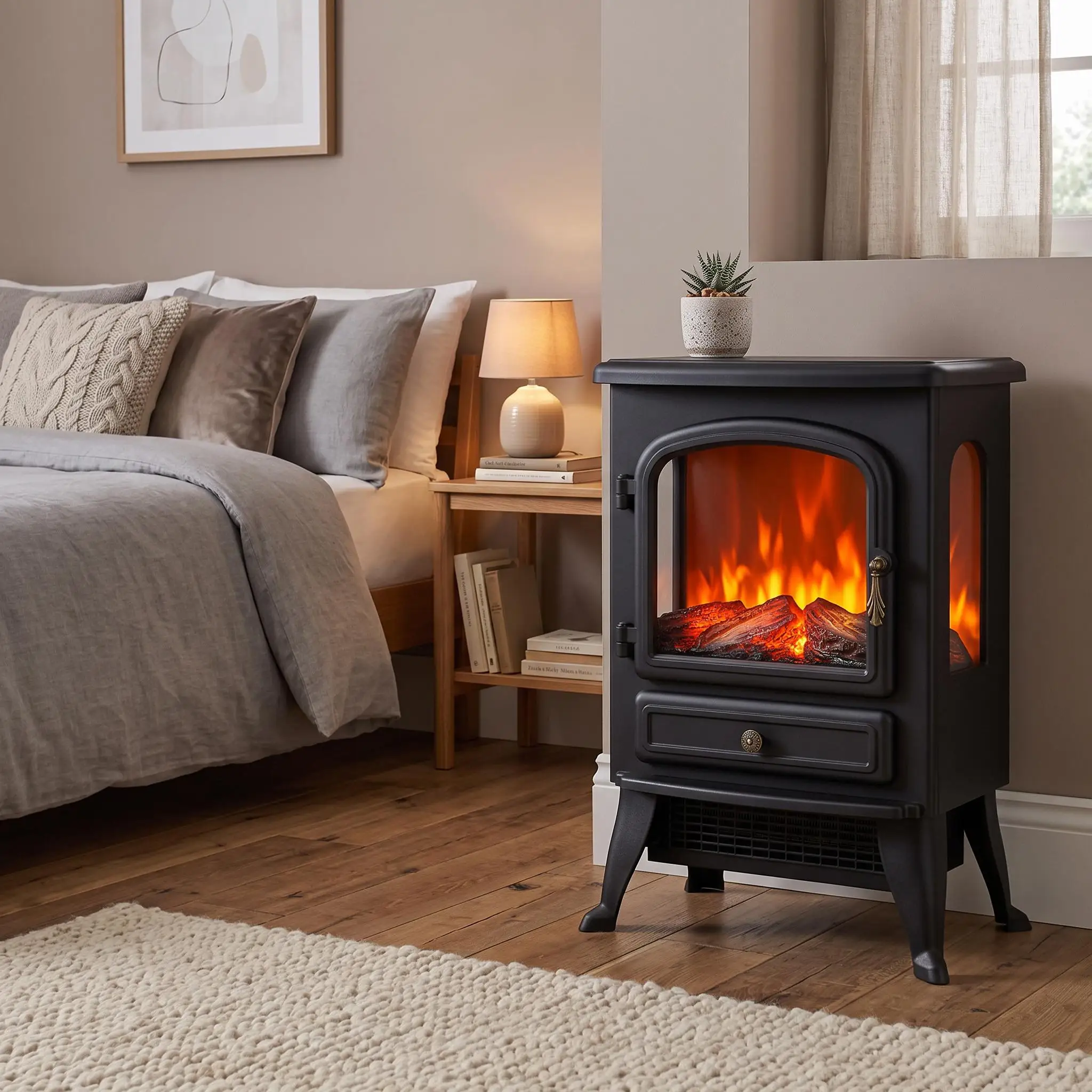 Electric Fireplace Stove Heater 1500W Portable Space Heater with 3-Sided 180° Panoramic Realistic 3D Flame Freestanding Small Fireplace with Adjustable Thermostat for Indoor Bedroom Office