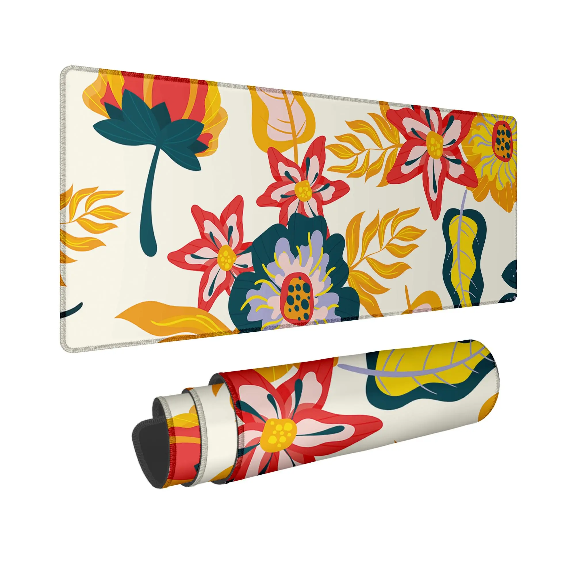 

Vintage Floral Extended Mouse Pad Bohemian Abstract Retro Flowers Plants Cartoon Orange Green Beige Decorative Office Mousepad