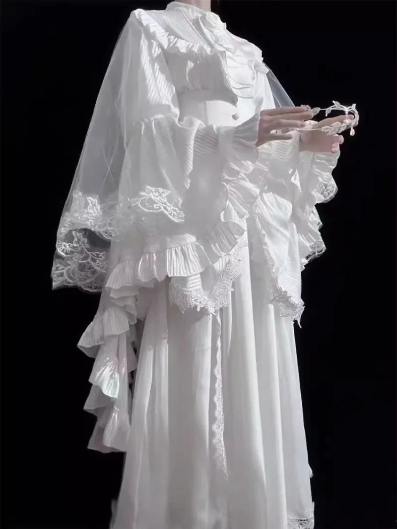 Harajuku Lolita Jsk camisas de manga larga para mujer + Y2k E-Girl faldas con volantes fruncidos de cintura alta novedad de verano 2024 conjuntos de dos piezas