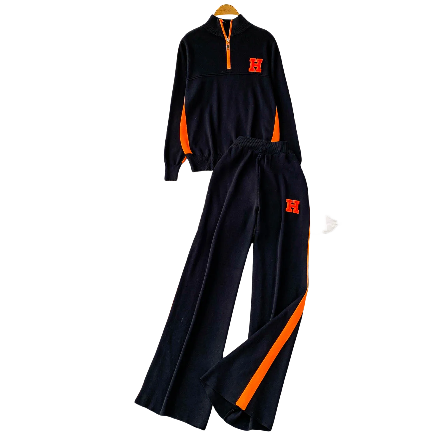 Casual Knitted f-Zipper Stand Collar Women's Faion Set Winter Slimming High Waist Wide Leg Pants Two-Piece Suit Ensemble