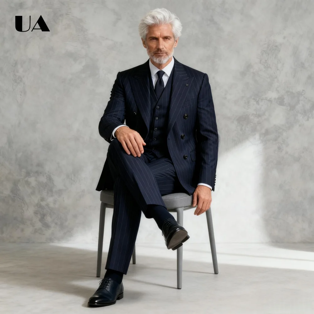 Traje formal a rayas para hombres, trajes de negocios ajustados de tres piezas (chaqueta, chaleco, pantalones), trajes a medida, trajes clásicos de esmoquin para desfile