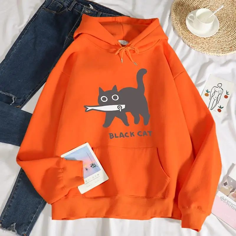 Casual Womens Hoodies Black Cat Eat Fish Printing Sweatshirts Breathable Loose Fleece Warm Pullovers Autumn Winter Streetwear