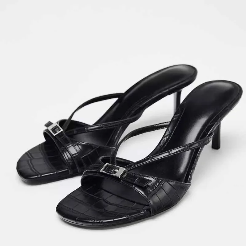

Fashion Crocodile Pattern Herringbone Sandals and Slippers Black Stiletto Heel All-match Casual Round Head Buckle Women's Shoes