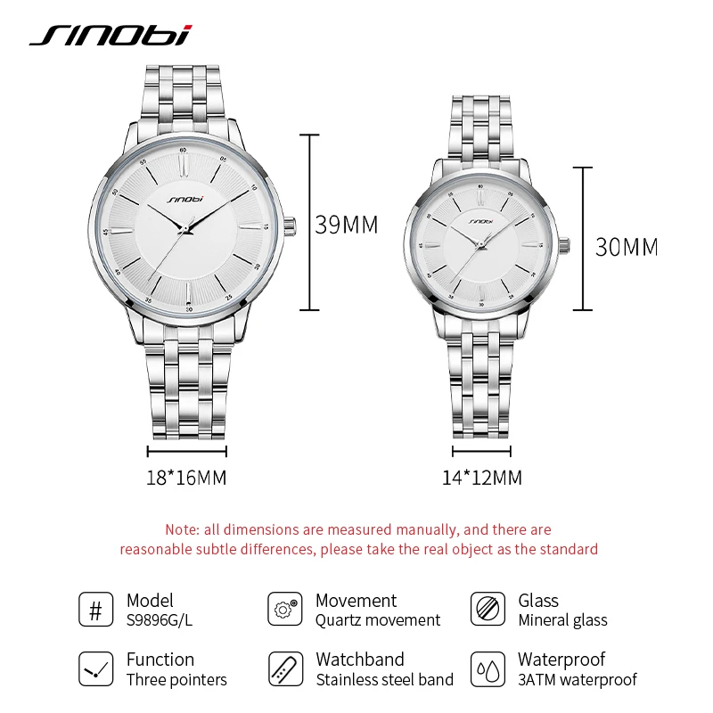 Sinobi Luxe Merk Koppel Horloges Waterdicht Lichtgevend Roestvrij Staal Quartz Horloge Zijn En Haar Maanfase Modeliefhebbers Set