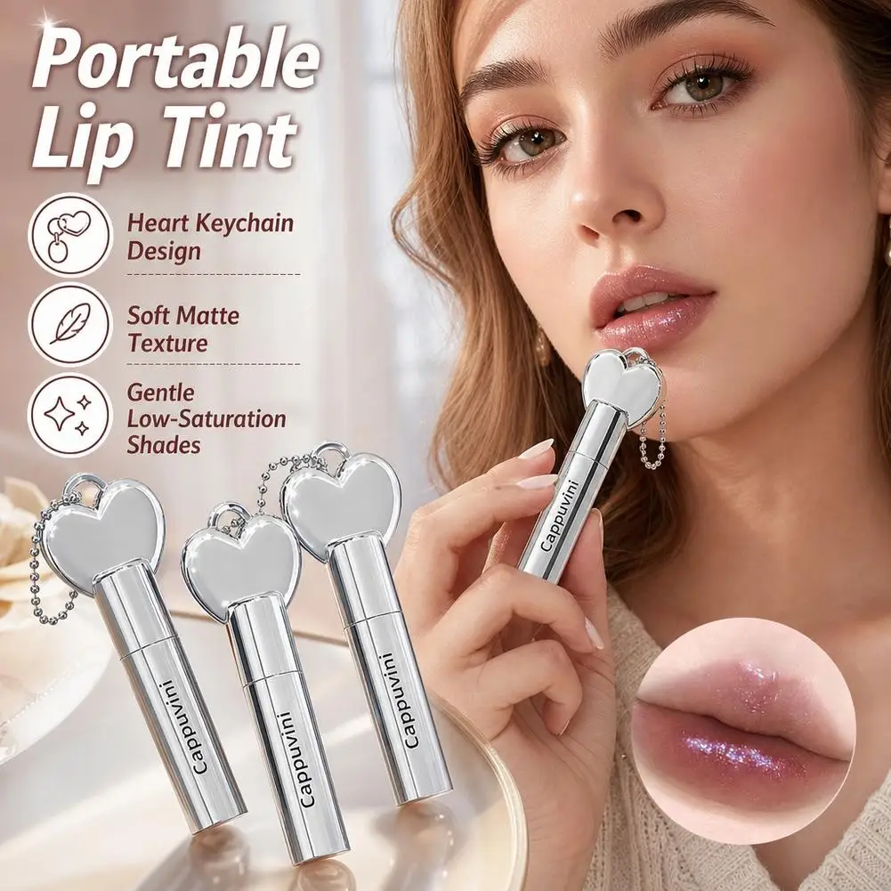 Hydrating Lip Gloss Keychain with Cute Heart Cap Cosmetic Bag Charm Pendant Waterglass Lip Glaze Glitter Mirror Shiny Lipstick
