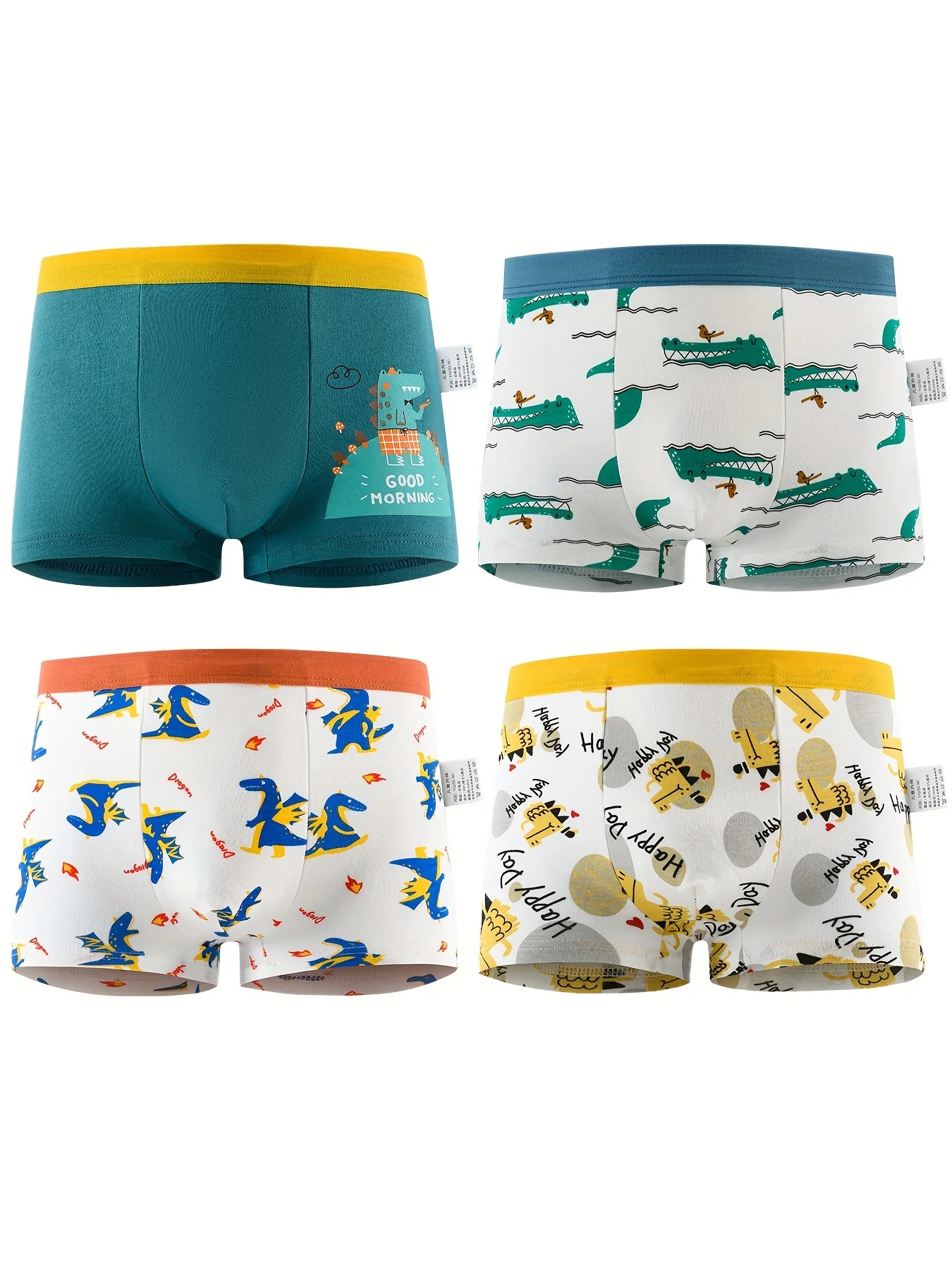 Kit com 4 Cuecas Boxer Infantis com Estampa de Urso Fofo, Confortáveis, Tamanhos Pequeno e Médio, Estilo Desenho Animado