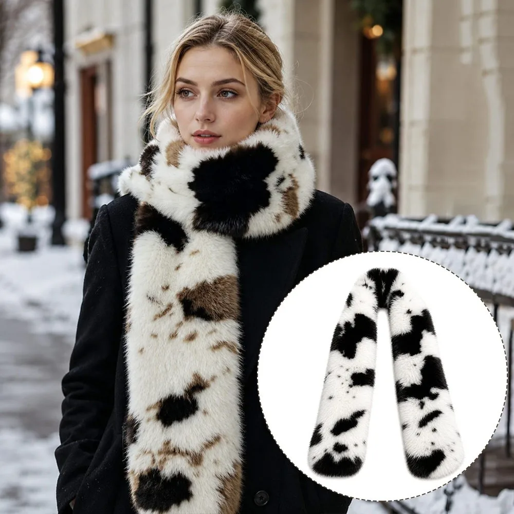 New Leopard Print Faux Fur Scarf Thickened Soft Scarf Double-Sided Neck Scarf Women Girl