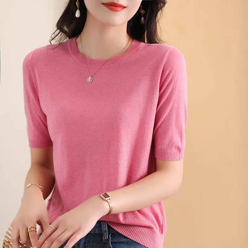 Damska koszulka z krótkim rękawem z okrągłym dekoltem, 100% czystej wełny, z krótkim rękawem, letni sweter z wysokim stanem, proste topy Joker