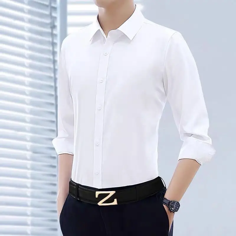 

Business Casual Korean Autumn New Simple Simple Long Sleeves Shirt Men Solid Square Neck Button High Grade Feel Non Ironing Tops