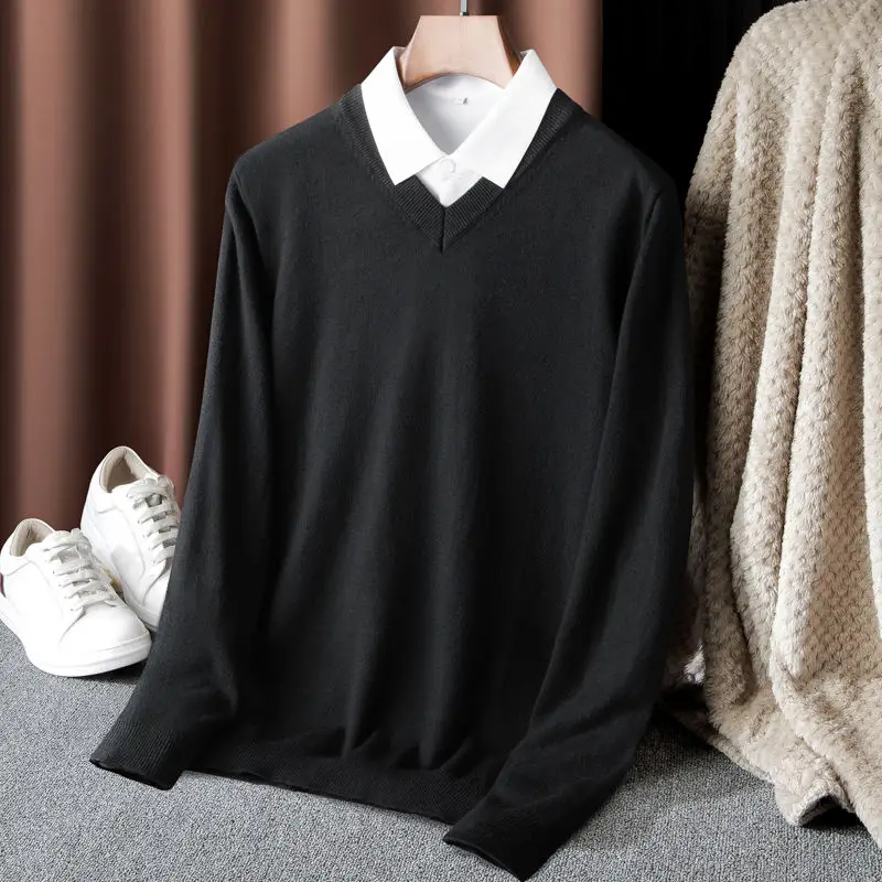 

Men's Clothing New Autumn Spliced Solid Color Top Sweater Knitted V-neck Pullover Fashionable Base Shirt