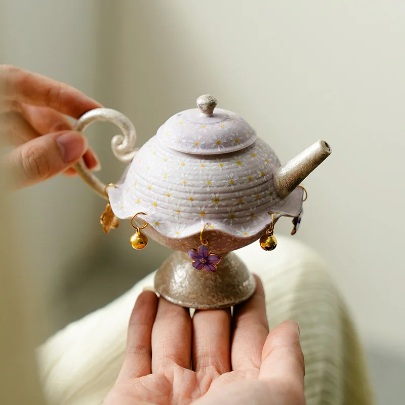 New Chinese lilac purple pure hand-painted small daisy dream language pot with pendant ceramic personal household tea maker 5