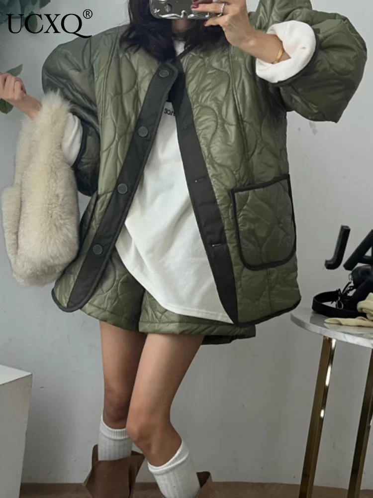 UCXQ Fashion Casual Sets Korean Style O Neck Color Blocked Cotton Padded Coat Short Two-piece Set Women 2024 Autumn Winter C2803