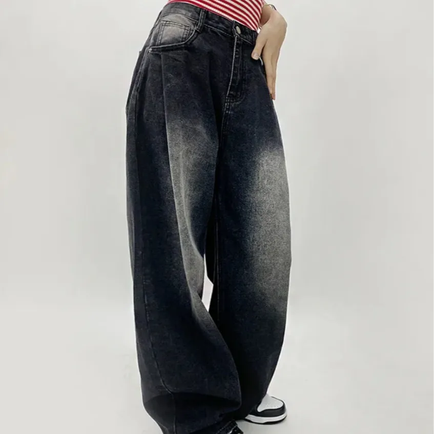 High Waist Wide Leg Denim Jeans Women's Chic Gradual Washed Watered down Style Casual Long Pants Asymmetrical Cotton Blend