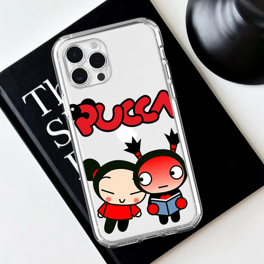 MINISO Cute P-Pucca G-Garu For iPhone 16 15 13 14 12 11 Pro Plus MAX XS iPhone13 14 Mini Transparent Phone Case