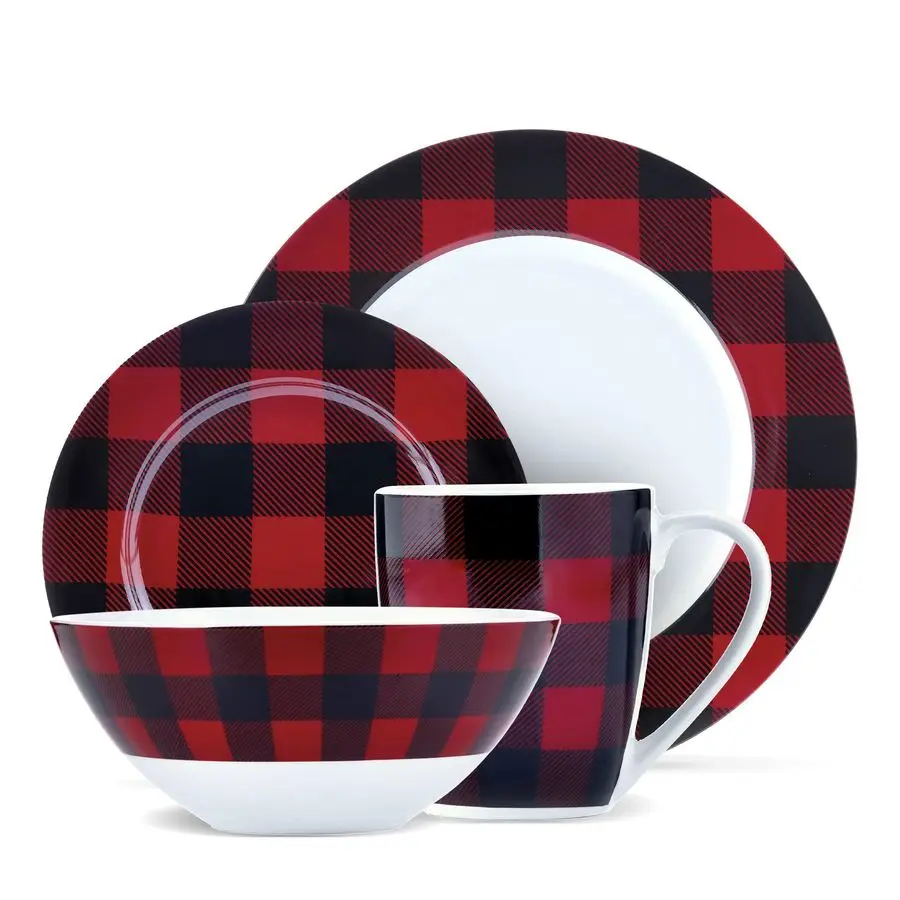 

amp Co. 16Piece Red, Black Plaid Dinnerware Set, Porcelain, Includes Bowls, Plates, and Mugs, Dishwasher Safe