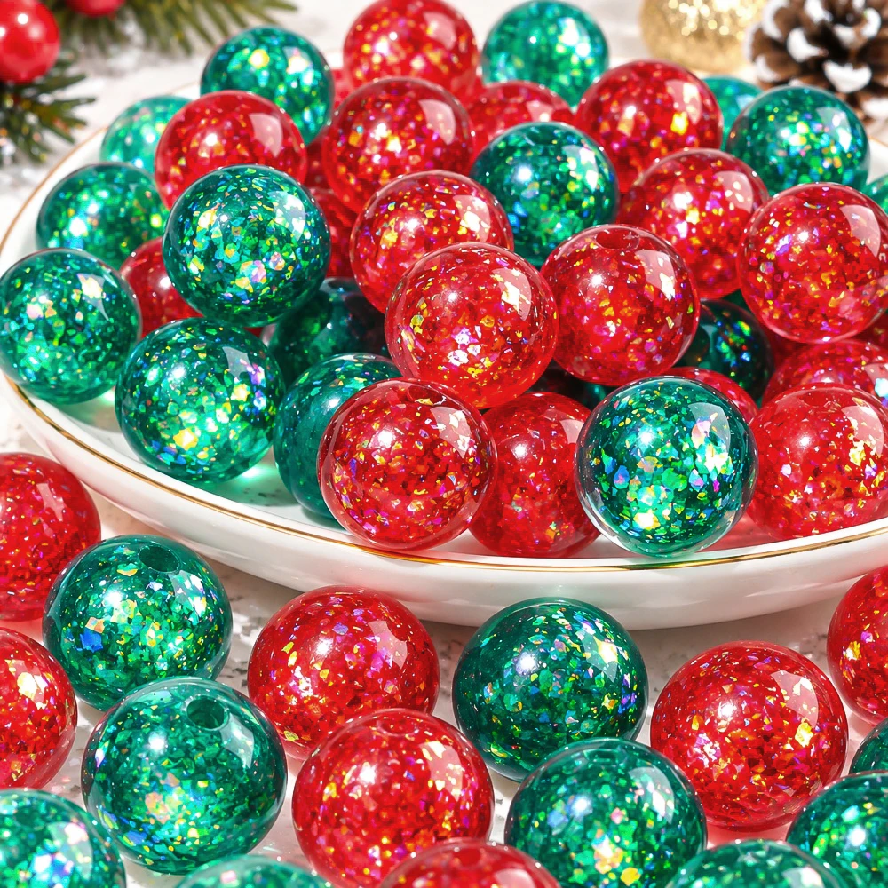 30Pcs 16mm Resin Candy Core Round Beads Christmas Red Green Sequin Filled Spacer Beads DIY Handmade Jewelry Craft Accessories