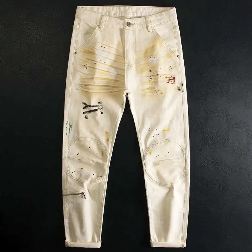 

Graffiti Splashed Ink Patchwork Mens Skinny Jeans High Street Hooligan Handsome Casual Fashion Elastic Zipper Denim Jeans Men