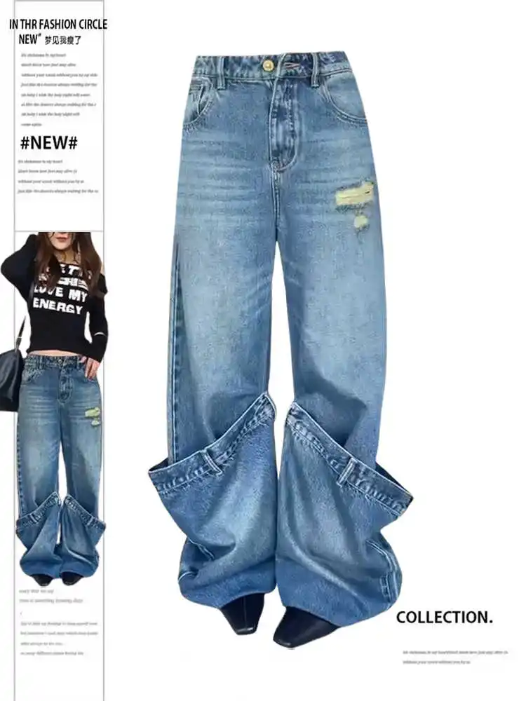Women's Blue Baggy Ripped Jeans Harajuku Vintage Y2k Denim Trousers Japanese 2000s Style Oversize Wide Jeans Long Pants Clothes
