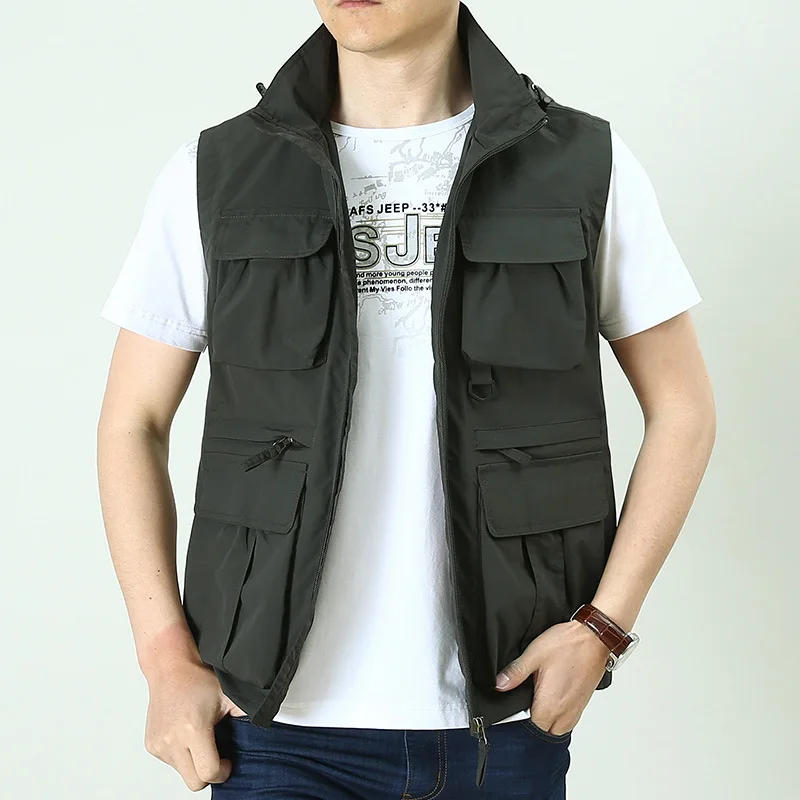 

Spring Summer Hooded Vest Jacket Men MultiPockets Fishing Militar Tactical Waistcoat Plus Size Hiking Working Sleeveless Coat