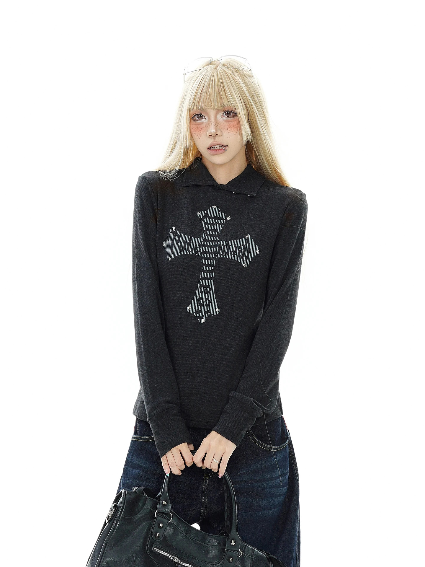 Slim Fit Long Sleeve T-Shirt Women's Autumn New Style American Hot Girl Wind Rivet Cross Collar Top Casual Style Youth Fashion