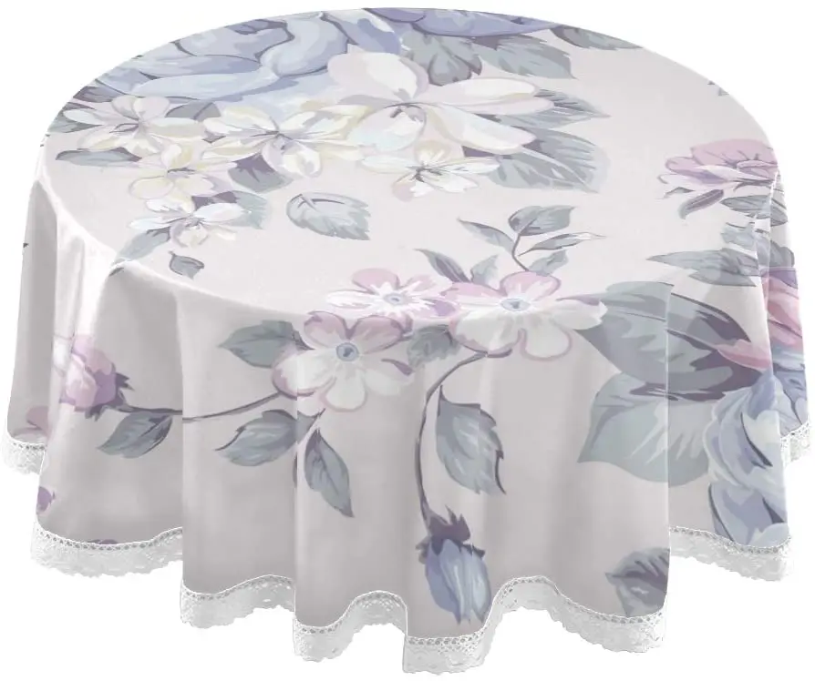 Round Tablecloth 60 Inch Circular Table Cover Blue Flower for Buffet Table Home Parties Holiday Dinner Lace Tablecloth