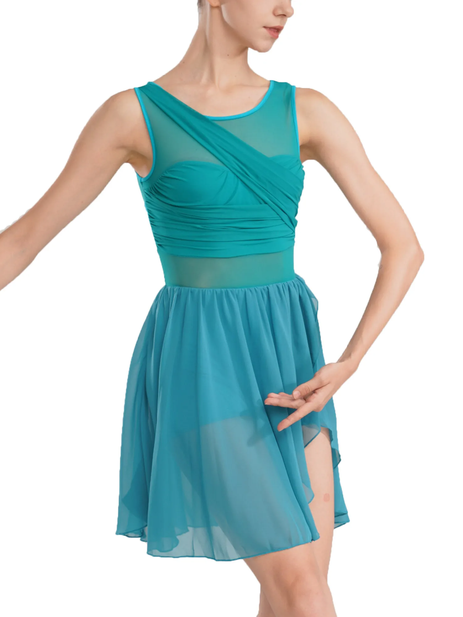 Damski strój gimnastyczny, trykot baletowy, sukienka do tańca lirycznego, wycięty, szyfonowy, elastyczny kostium do tańca nowoczesnego i współczesnego.