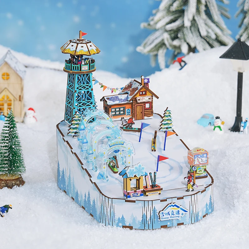 Boîte à musique de course de neige en bois 3D bricolage, kits de modèles miniatures, puzzles peuvent se déplacer pour les enfants, cadeaux d'anniversaire, décoration de la maison