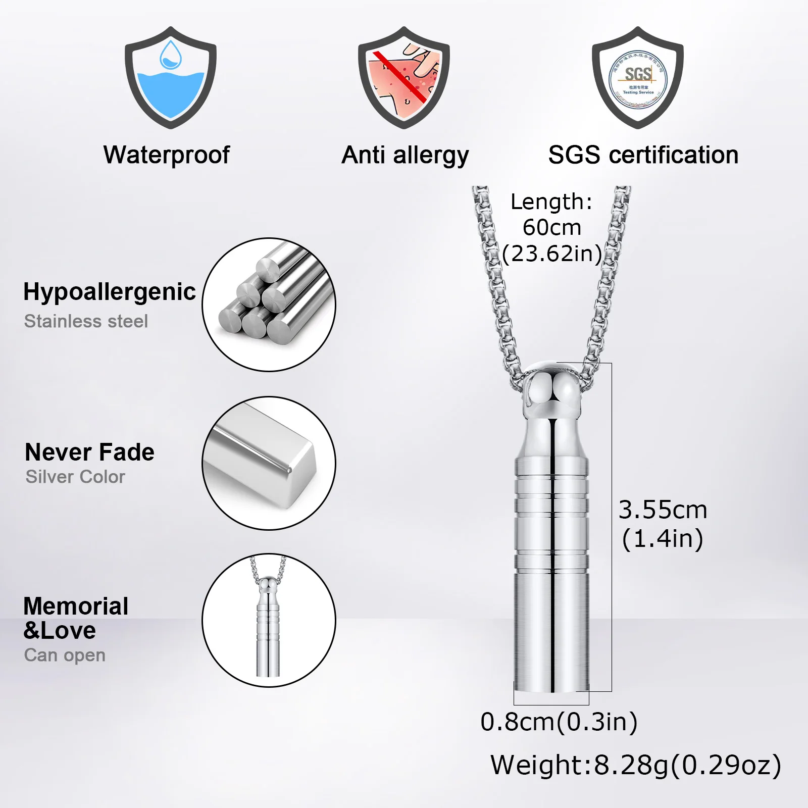 Vnox Herren Edelstahl Urnen-Halskette, Öffnbares Fläschchen für Asche, Gedenk-Anhänger, Erinnerungsschmuck, Geschenk für einen geliebten Menschen, Kastenkette – Detail 6