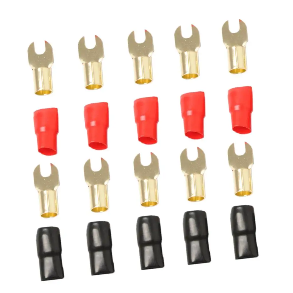 4 Gauge Fork Terminal Black Red Gold Plated Wire End Connector Kit for Automotive Power Ground Distribution