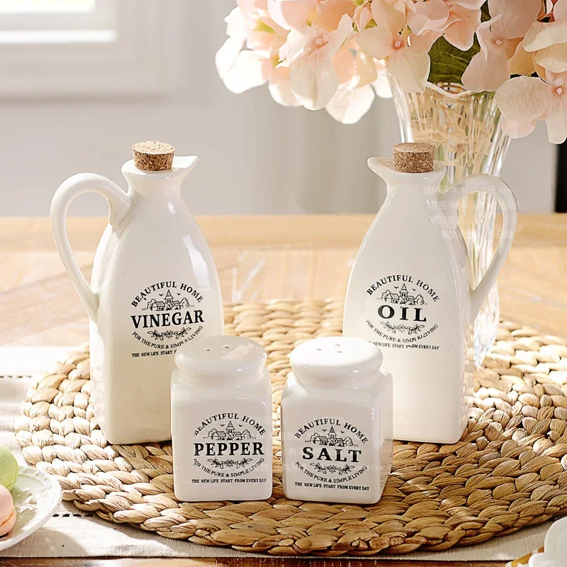 Japanese-style pure white ceramic oil pot salt seasoning jar seasoning bottle four-piece suit with hole cover WY5