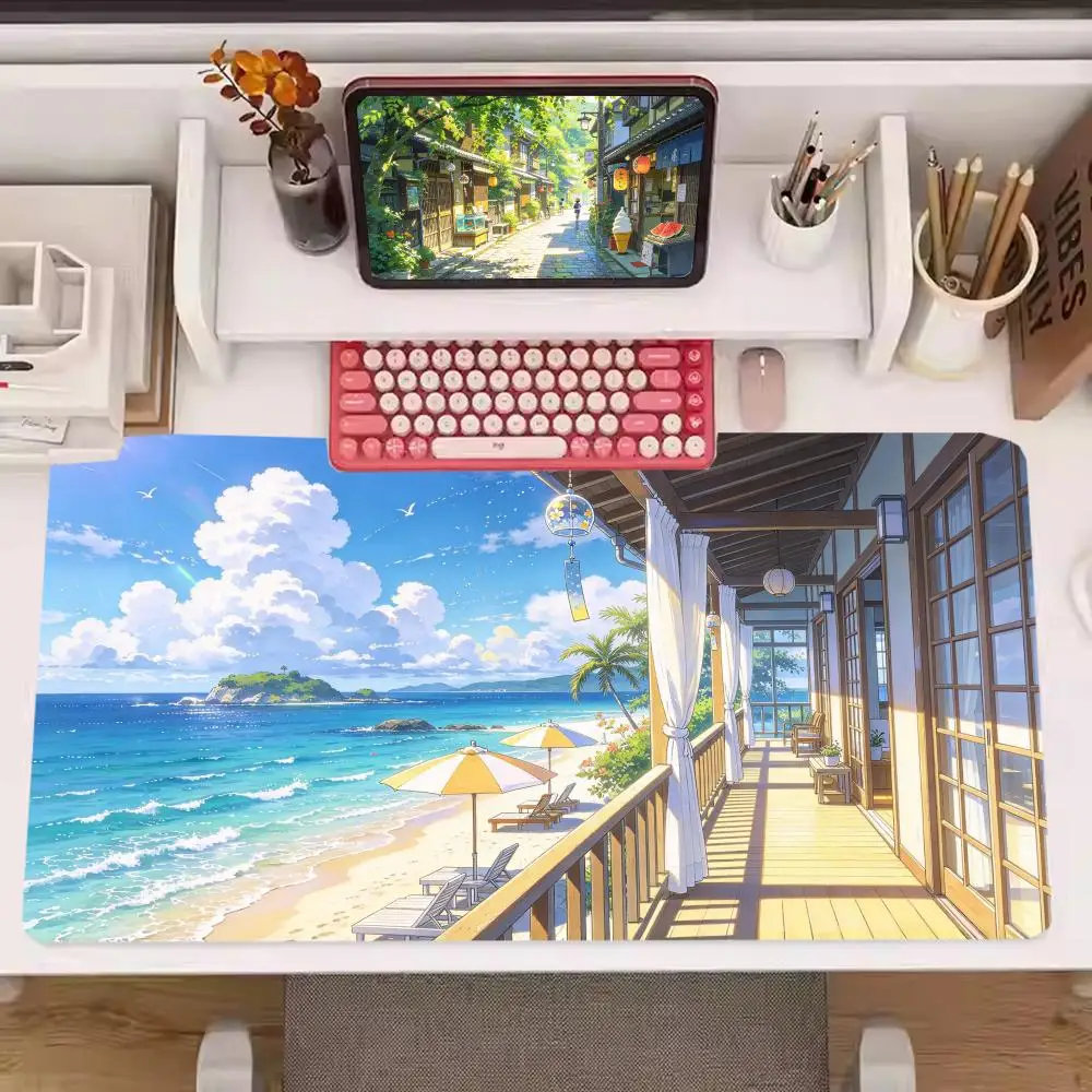 Summer Town Alley Street Table Mat Stitched Edges Non Slip Rubber Smooth Glide For Home Office Table Decor
