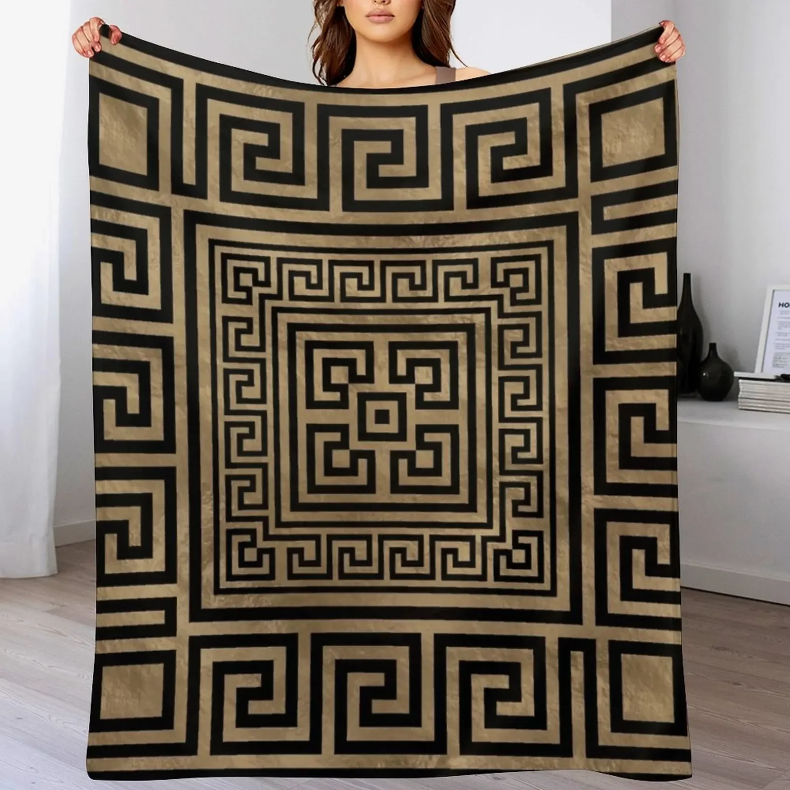 

Greek Key Ornament - Greek Meander -Black on gold Throw Blanket Quilt Luxury Designer Plaid Thermals For Travel Blankets