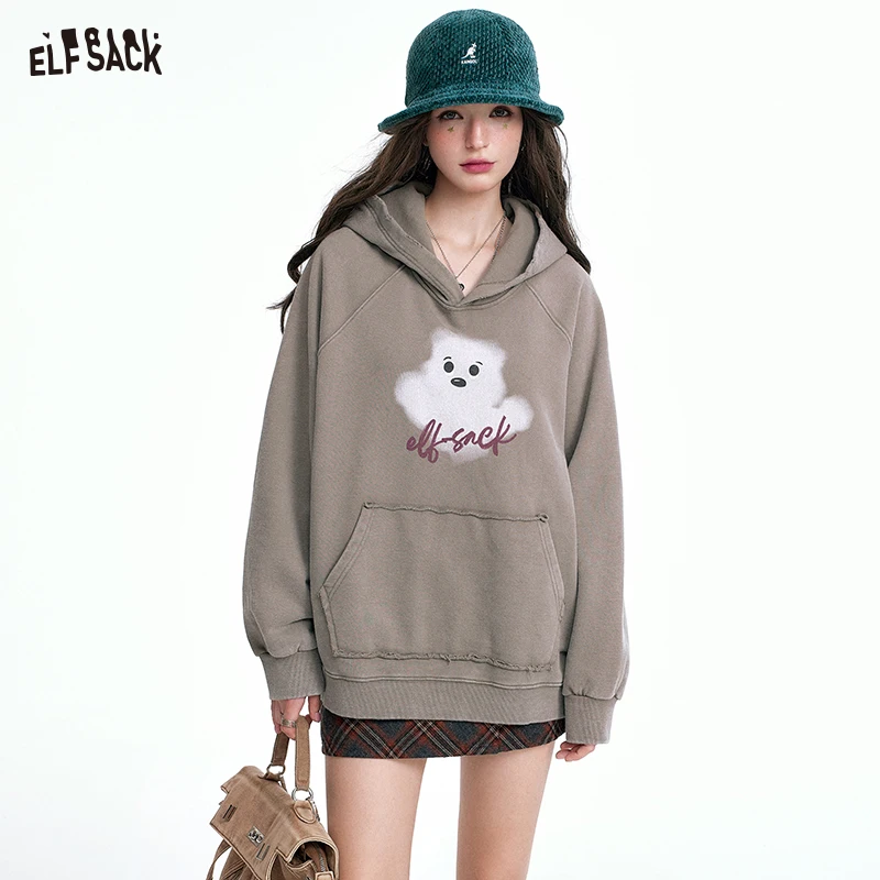 ELFSACK 2024 Autumn New Arrivals Retro Print Casual Hoodie for Women Loose Thin Sweatshirt