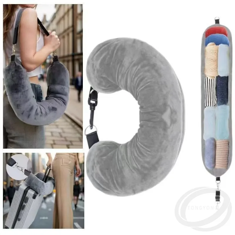 New Portable Travel Pillow Comfortable Cervical Pillow Airplane Neck Fillable Clothes Outdoor Pillow Can Store Storage Bag 1Grey