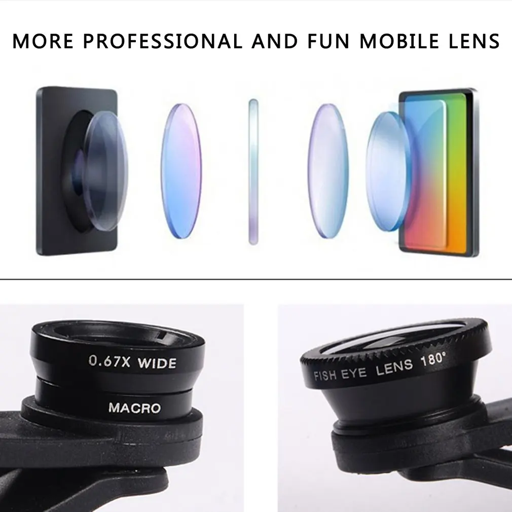 3 In 1 Fish Eye Lens Wide Angle Macro Fisheye Lens Zoom Mobile Phone Camera Lens Kit Camera Lens Set Phone Camera Accessories