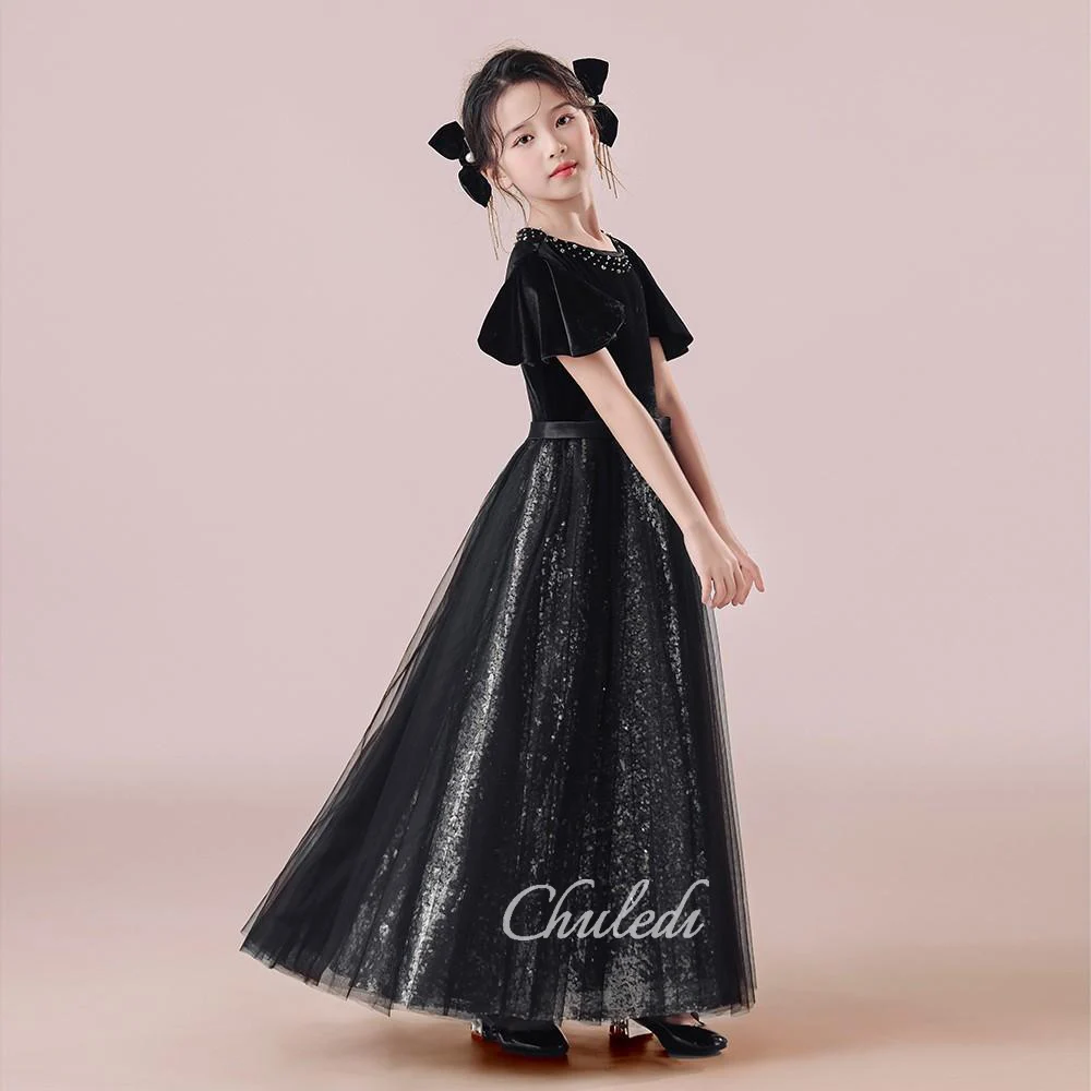 Girls' dress black velvet round neck sequined mesh skirt with floor-length lotus leaf sleeves