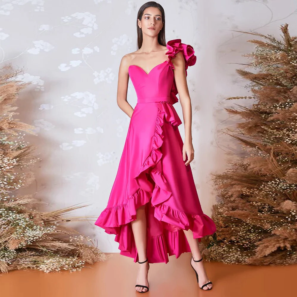 

Fuchsia Satin Sexy Cocktail Dresses Ruffles Bespoke Occasion Gown A-line One-shoulder Hi-Lo Dresses 2024 Formal Dress