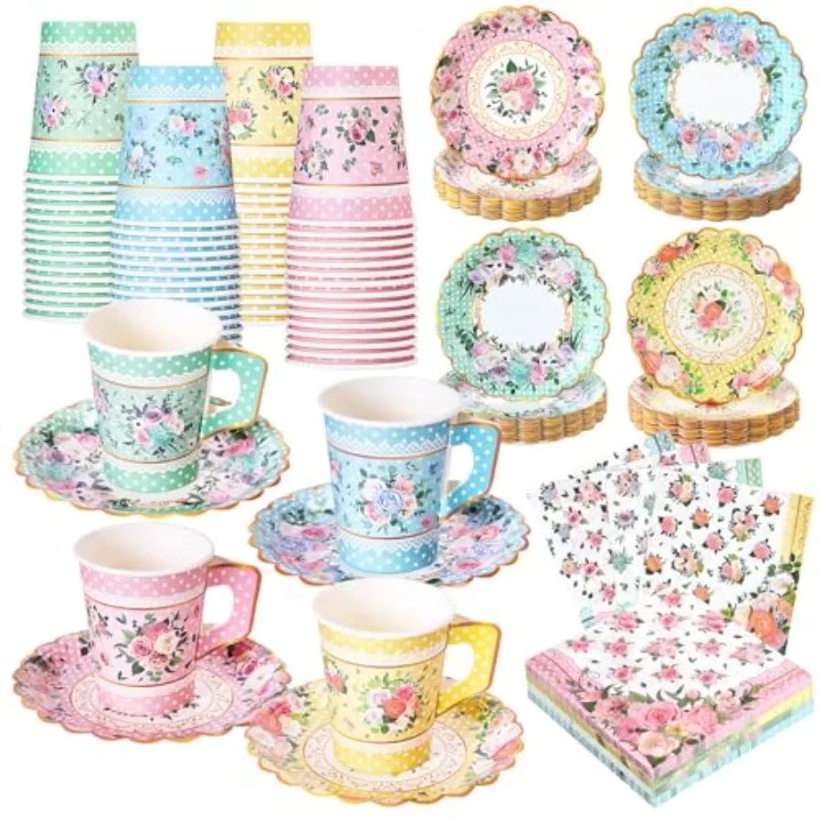 

180 Pcs Floral Paper Tea Cups and Plates 9 OZ Disposable Paper TeaCups and Saucers with Tea Party Napkins Set for Tea Party Dec