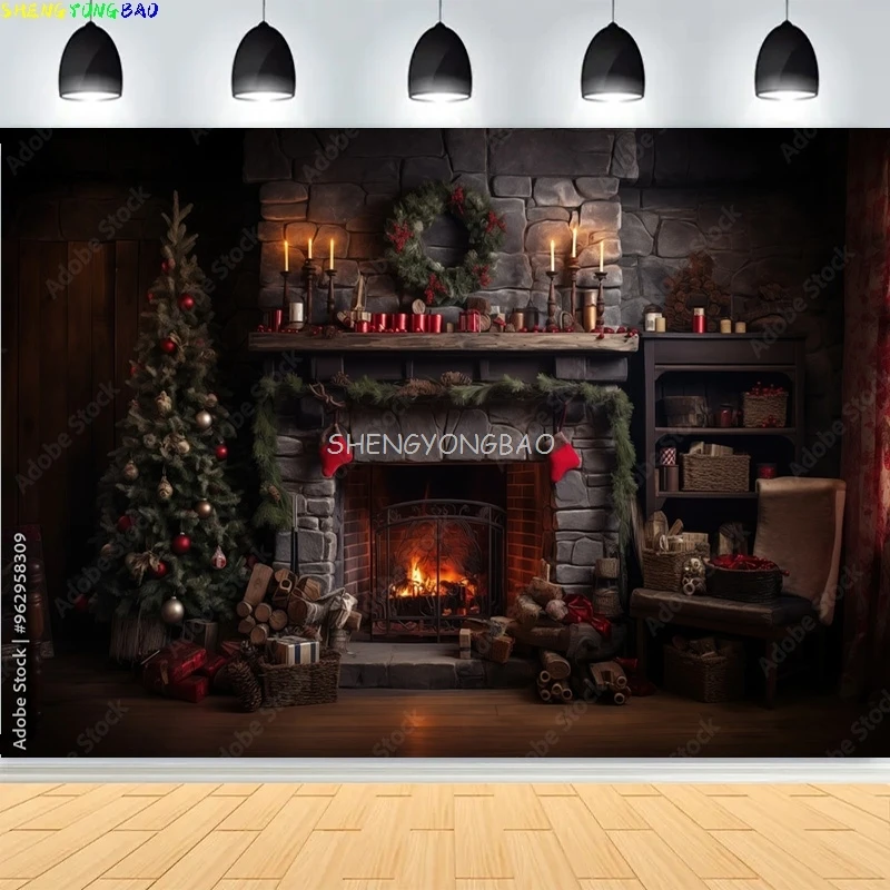 

Christmas Day Fireplace Photography Backdrops Prop illustration Window Living Room Interior Village House Theme Background HK-02