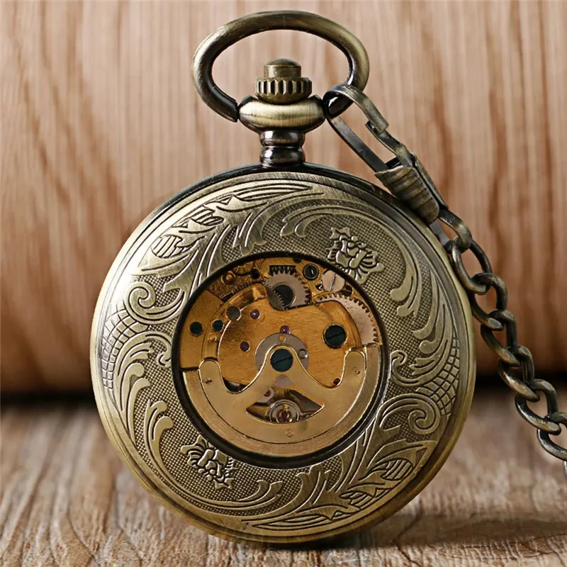 Vintage Poker Hollow Out Pocket Watch Men Women Automatic Mechanical Watches with Chain Skeleton Clock Pendant Chain Gift