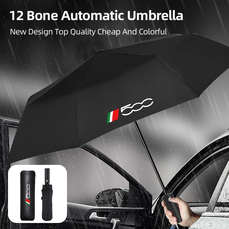

For Fiat 12 Bone Car Logo Reinforce Black Glue Cloth Auto Fold Umbrella 500 500C 2012 500X 500L Abarth 695