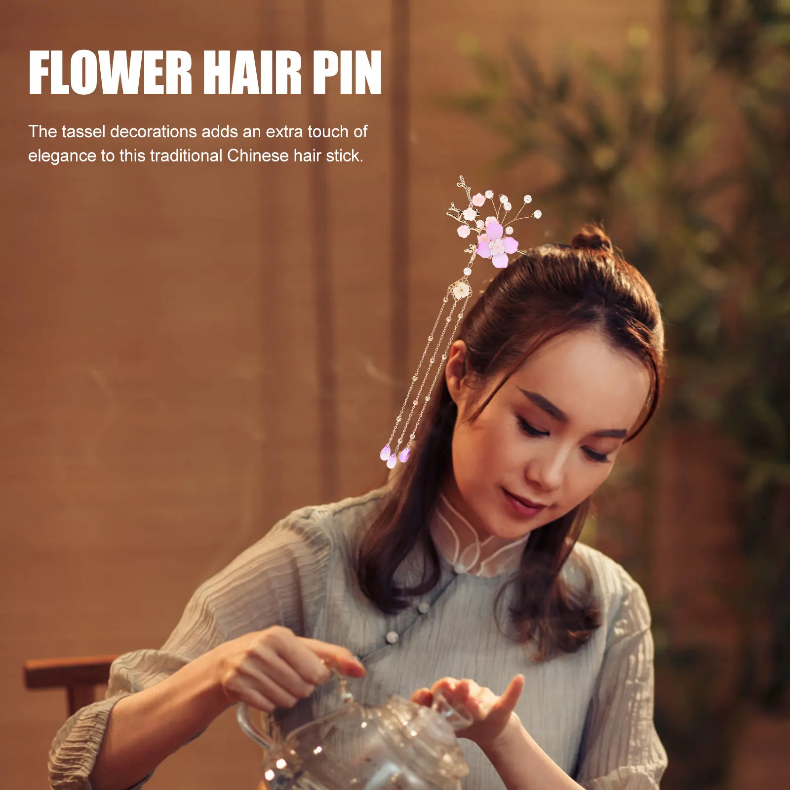 Pearl Tassel Flower Hairpin Vintage Hair Stick Ancient Headdress Hanfu Costume Hair Ornament for Party Dance Photography
