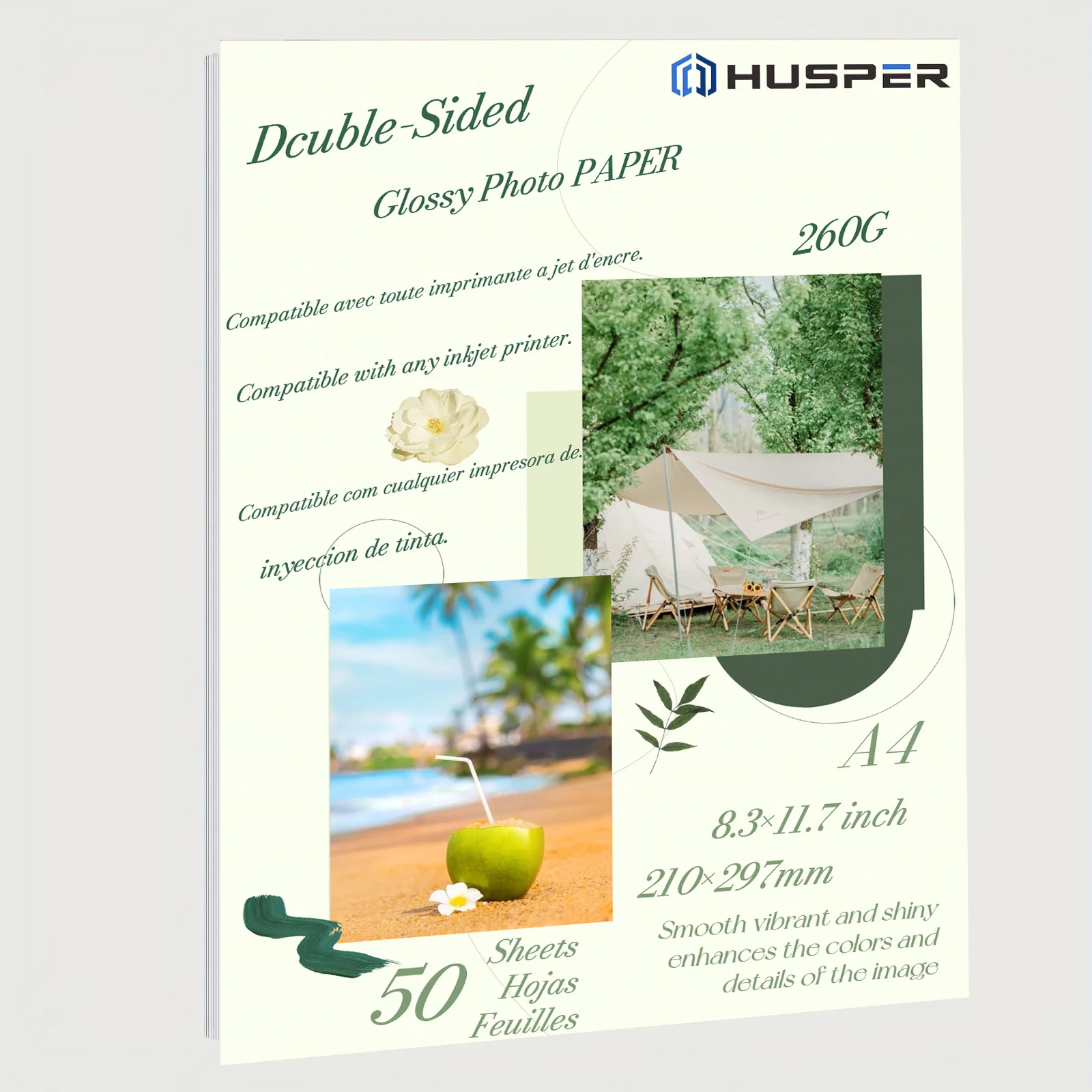 HUSPER A4(8.3×11.7 inch) 50 Sheets 260G Double Sided Inkjet Glossy Photo Paper size