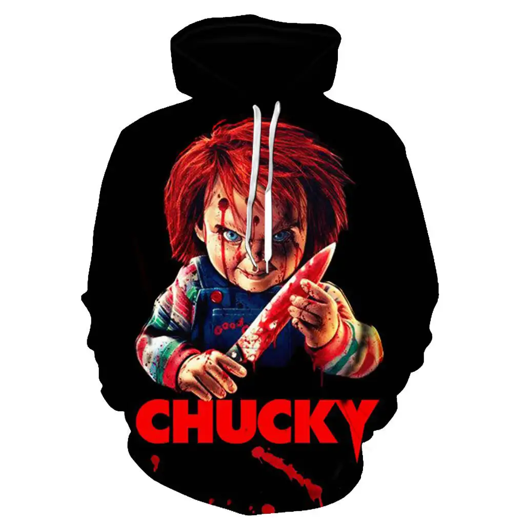 Sudadera con capucha de Chucky para hombre, ropa deportiva con estampado 3D completo de película de terror, disfraz de juego de rol, ropa de calle Unisex