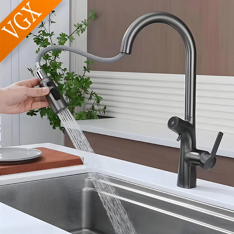 VGX Water Filter Kitchen Faucet Dual Spout Pure Drinking Water Tap Pull Out Kitchen Sink Mixer Kitchen Gourmet Faucet Crane Gold
