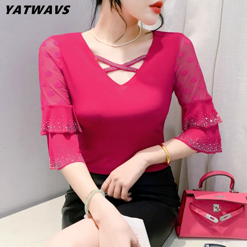 

2024 Summer Female V-Neck Hot Diamonds T-shirts Clothes Girl Sweet Flare Sleeve Stretchy Tops Shirt Women Double-Layer Mesh Tees