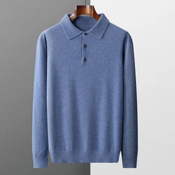 Pure Wool Sweater Men's POLO Neck Three-Button Loose Business Casual Medium Thick Warm Long-Sleeved Cashmere Large Knitted Shirt