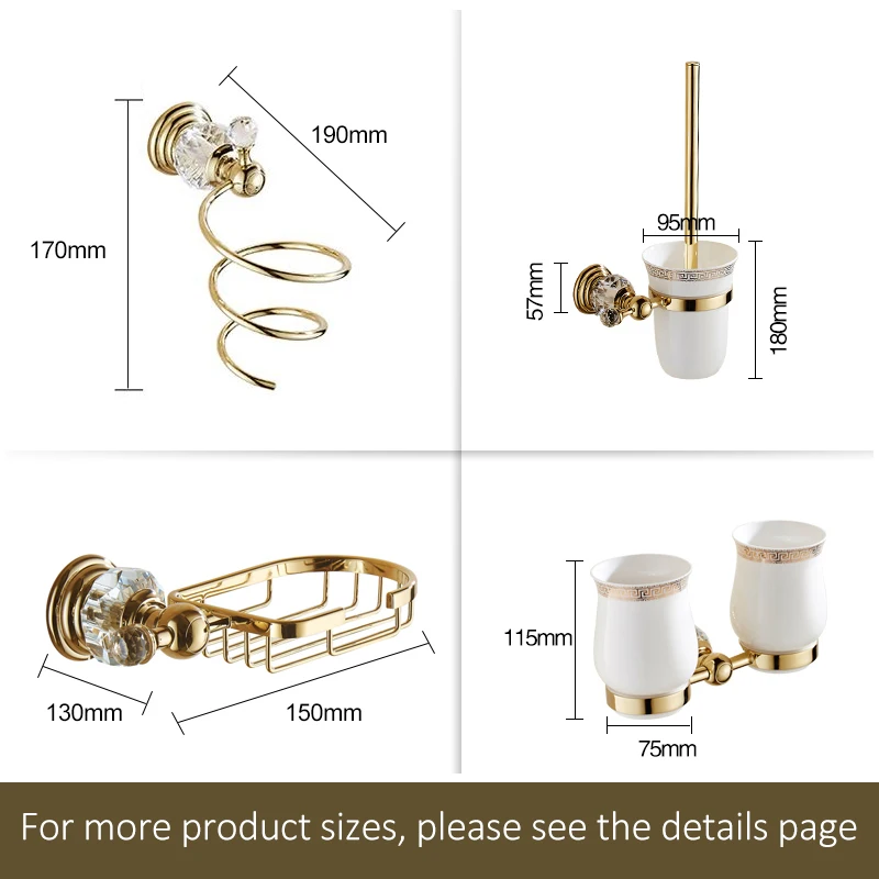 Gold Finish Crystal Decoration Metal Bathroom Accessories Set Robe Hook Cup Brush Holder Towel Holders Soap Dish Paper Rack ML70