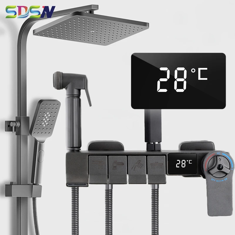 

Hot Cold Digital Piano Shower Set Quality Brass Waterfall Bathroom Faucet Fixture Rainfall Grey Piano Thermostatic Shower System